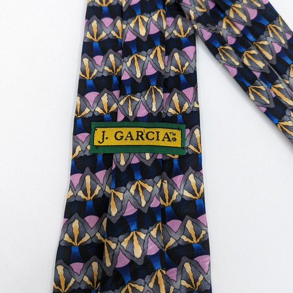 J Garcia Tie Black Grey Blue Purple Abstract Striped Print 100% Silk Made In USA - Picture 2 of 7